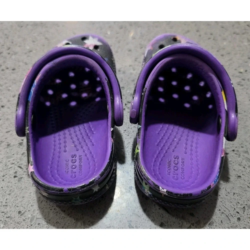 Crocs Toddler 6C Star Print Clogs Purple Waterproof Unicorn Rainbow‎ Jibbitz